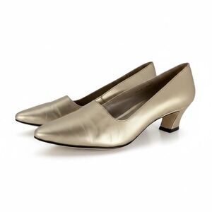 Vintage Maripé Gold Leather Pumps Size 7.5 Made in Brazil Pointed Toe Heels